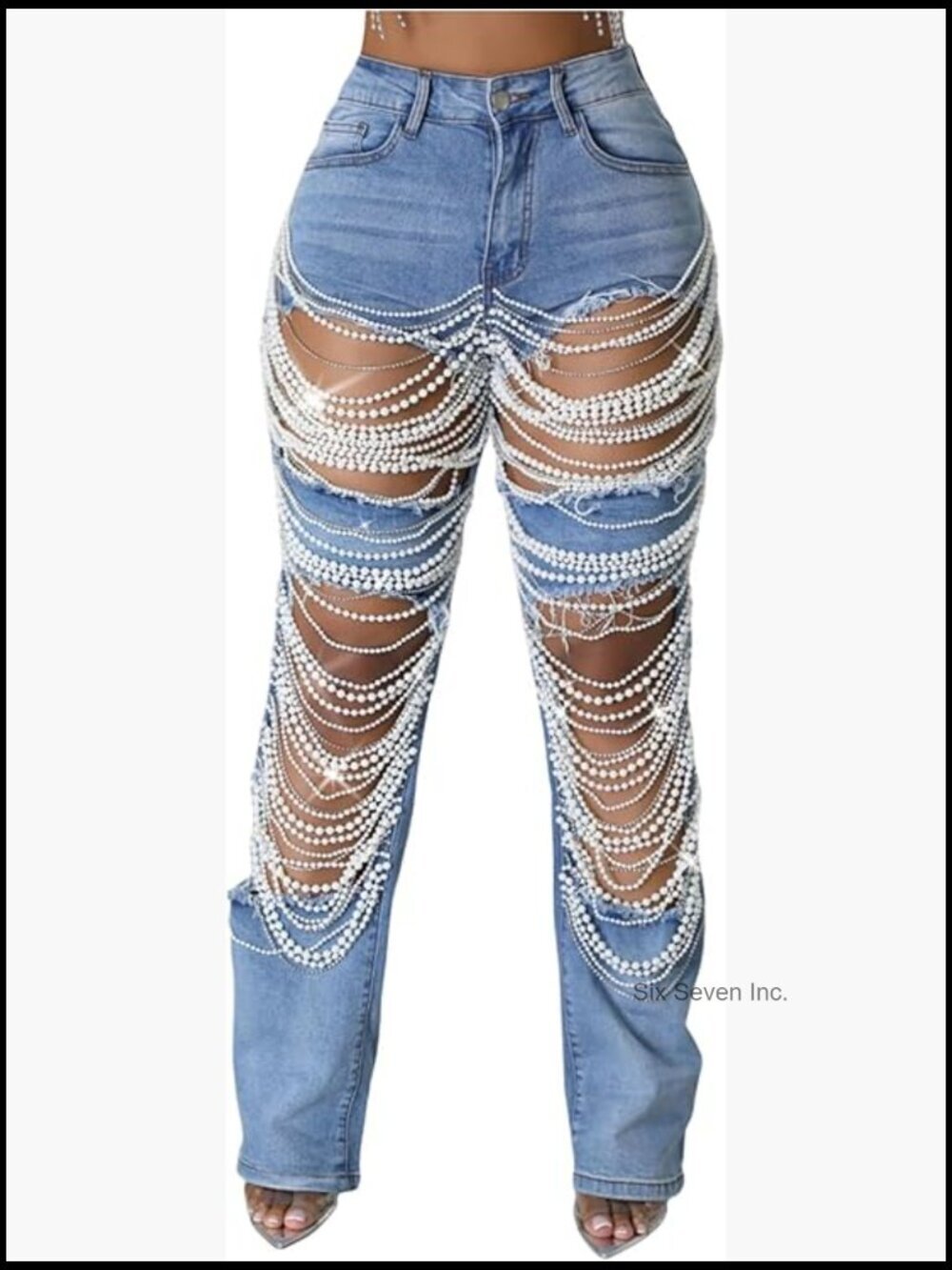 Rhinestone Ripped High Waist Boyfriend Straight Leg Pearl Distressed Denim Jeans